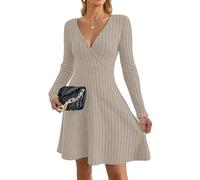 AUSELILY Jumper Dress for Women UK Autumn Winter Sexy V Neck Lightweight Flowy Elegant Ladies Dresses Knitted Long Sleeve Knee Length Wrap Dress for Wedding Party Khaki 2XL