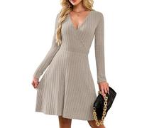 AUSELILY Jumper Dress for Women UK Autumn Winter Sexy V Neck Lightweight Flowy Elegant Ladies Dresses Knitted Long Sleeve Knee Length Wrap Dress for Wedding Party Khaki L