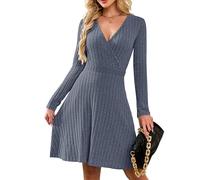 AUSELILY Jumper Dress for Women UK Autumn Winter Sexy V Neck Lightweight Flowy Elegant Ladies Dresses Knitted Long Sleeve Knee Length Wrap Dress for Wedding Party Grey Blue L
