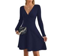 AUSELILY Jumper Dress for Women UK Autumn Winter Sexy V Neck Lightweight Flowy Elegant Ladies Dresses Knitted Long Sleeve Knee Length Wrap Dress for Wedding Party Navy Blue M