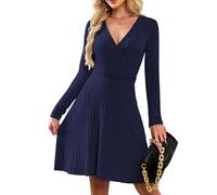 AUSELILY Jumper Dress for Women UK Autumn Winter Sexy V Neck Lightweight Flowy Elegant Ladies Dresses Knitted Long Sleeve Knee Length Wrap Dress for Wedding Party Navy Blue L