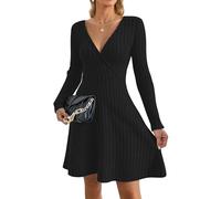 AUSELILY Jumper Dress for Women UK Autumn Winter Sexy V Neck Lightweight Flowy Elegant Ladies Dresses Knitted Long Sleeve Knee Length Wrap Dress for Wedding Party Black S