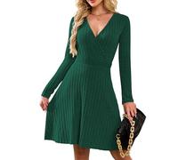 AUSELILY Jumper Dress for Women UK Autumn Winter Sexy V Neck Lightweight Flowy Elegant Ladies Dresses Knitted Long Sleeve Knee Length Wrap Dress for Wedding Party Green M