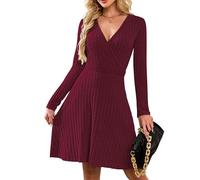 AUSELILY Jumper Dress for Women UK Autumn Winter Sexy V Neck Lightweight Flowy Elegant Ladies Dresses Knitted Long Sleeve Knee Length Wrap Dress for Wedding Party Wine Red 2XL
