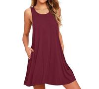 AUSELILY Ladies Dresses Casual Vest Sleeveless Loose Swing Women Summer Dress Solid Color with Pocketss Wine Red S