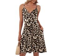 AUSELILY Ladies Summer Dress V NeckSpaghetti Strap Summer Dress Casual with Pockets Spotted Pattern Leopard L