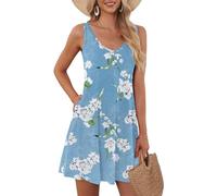 AUSELILY Ladies Summer Dresses Beach Cover up Sleeveless Swing Dress with Pockets Floral Light Blue M