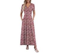 AUSELILY Ladies Summer Maxi Dresses Womens V Neck Elegant Dresses Short Sleeve Dress with Pockets Red Little Flowers 2XL