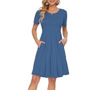 AUSELILY Ladies Summer Short Sleeve Pleated Loose Swing Casual Dress with Pockets Knee Length Beja Blue M