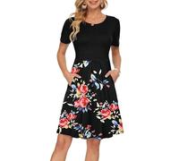 AUSELILY Ladies Summer Short Sleeve Pleated Loose Swing Casual Dress with Pockets Knee Length Black Rose Black XL