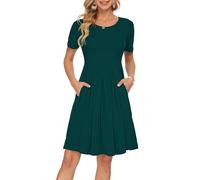 AUSELILY Ladies Summer Short Sleeve Pleated Loose Swing Casual Dress with Pockets Knee Length Dark Green XL