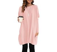 AUSELILY Long Sleeve Tops Women Long Lightweight Jumpers Ladies Oversized T-Shirts Loose Tunic Tops Sweatshirts with Pockets Pink M