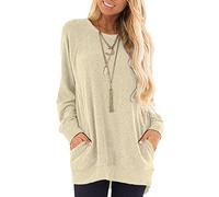 AUSELILY Long Sleeve Tops Women Round Neck Casual Jumpers Blouses Autumn Sweatshirts with Pockets Beige02 2XL
