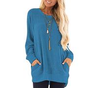 AUSELILY Long Sleeve Tops Women Round Neck Casual Jumpers Blouses Autumn Sweatshirts with Pockets Blue L