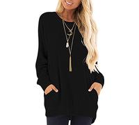 AUSELILY Long Sleeve Tops Women Round Neck Casual Jumpers Blouses Autumn Sweatshirts with Pockets Black XL