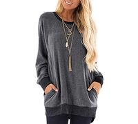 AUSELILY Long Sleeve Tops Women Round Neck Casual Jumpers Blouses Autumn Sweatshirts with Pockets Black Gray L