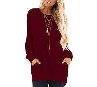AUSELILY Long Sleeve Tops Women Round Neck Casual Jumpers Blouses Autumn Sweatshirts with Pockets Burgundy L