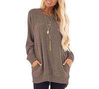 AUSELILY Long Sleeve Tops Women Round Neck Casual Jumpers Blouses Autumn Sweatshirts with Pockets Coffee 3XL