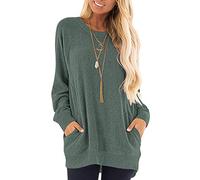 AUSELILY Long Sleeve Tops Women Round Neck Casual Jumpers Blouses Autumn Sweatshirts with Pockets Forest Green M