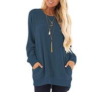 AUSELILY Long Sleeve Tops Women Round Neck Casual Jumpers Blouses Autumn Sweatshirts with Pockets Navy Blue L
