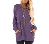 AUSELILY Long Sleeve Tops Women Round Neck Casual Jumpers Blouses Autumn Sweatshirts with Pockets Purple XL