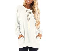 AUSELILY Long Sleeve Tops Women Round Neck Casual Jumpers Blouses Autumn Sweatshirts with Pockets White 3XL