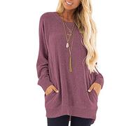 AUSELILY Long Sleeve Tops Women Round Neck Casual Jumpers Blouses Autumn Sweatshirts with Pockets Wine Red01 M