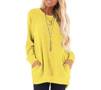AUSELILY Long Sleeve Tops Women Round Neck Casual Jumpers Blouses Autumn Sweatshirts with Pockets Yellow 3XL