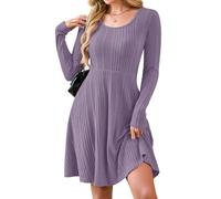 AUSELILY Long Sleeve Winter Dresses Women UK Knitted Crew Neck Jumper Dress with Pockets Light Purple L