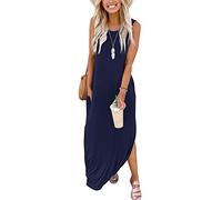 AUSELILY Maxi Dress for Women UK Casual Summer Long Dress Beach Cover-Ups Sun Dresses Women Sleeveless T Shirt Tank Dresses with Pockets Navy Blue