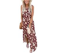 AUSELILY Maxi Dress for Women UK Casual Summer Long Dress Beach Cover-Ups Sun Dresses Women Sleeveless T Shirt Tank Dresses with Pockets Sixpetal Flower Red S