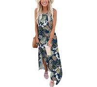 AUSELILY Maxi Dress for Women UK Casual Summer Long Dress Beach Cover-Ups Sun Dresses Women Sleeveless T Shirt Tank Dresses with Pockets Tropical Leaves L