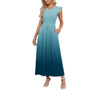 AUSELILY Maxi Dress Women Summer Pocket Petal Ruffle Sleeve Gradient Blue M | High Waist Crew Neck Casual Long Sundress A Line Flowy Beachdress Wedding Cocktail Party Dresses Ladies Vacation Maternity