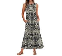 AUSELILY Maxi Dresses for Women Sleeveless Ladies Summer Dresses Round Neck Beach Cover-ups Sundress Casual Tiered Long Dress with Pockets Boho Floral Black XL