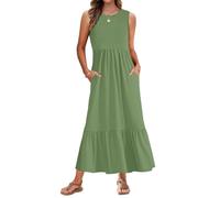 AUSELILY Maxi Dresses for Women Sleeveless Ladies Summer Dresses Round Neck Beach Cover-ups Sundress Casual Tiered Long Dress with Pockets Olive Green L