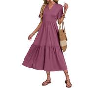 AUSELILY Maxi Dresses for Women UK Casual Loose Summer Long Dress Short Sleeve Swing Beach Dresses with Pockets Mauve M