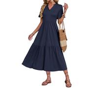 AUSELILY Maxi Dresses for Women UK Casual Loose Summer Long Dress Short Sleeve Swing Beach Dresses with Pockets Navy Blue XXL
