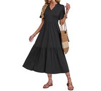 AUSELILY Summer Black Dresses for Women UK V Neck Maxi Dresses Ladies Ruffle Short Sleeve Swing Casual Long Beach Dress with Pockets XL