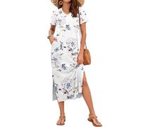 AUSELILY Summer Dress for Women Short Sleeve Maxi Beach Dress V Neck Sundress Slit Dress with Pockets Elegant Dresses Floral White S