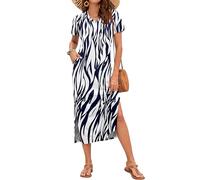 AUSELILY Summer Dress for Women Short Sleeve Maxi Beach Dress V Neck Sundress Slit Dress with Pockets Elegant Dresses Navy Leaves White M