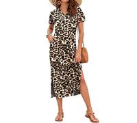 AUSELILY Summer Dress for Women Short Sleeve Maxi Beach Dress V Neck Sundress Slit Dress with Pockets Elegant Dresses Leopard XXL