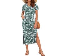 AUSELILY Summer Dress for Women Short Sleeve Maxi Beach V Neck Split Sundress with Pockets Elegant Cosmos Green M