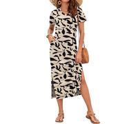 AUSELILY Summer Dress for Women - Short Sleeve Maxi Sundress Slit Beach Elegant Cosmos with Pockets Apricot Black Leaves M