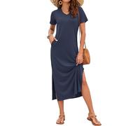 AUSELILY Summer Dress for Women - Short Sleeve Maxi Sundress Slit Beach Elegant Cosmos with Pockets Navy Blue S