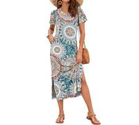 AUSELILY Summer Dress for Women - Short Sleeve Maxi Sundress Slit Beach Elegant Cosmos with Pockets Print Green M
