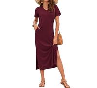 AUSELILY Summer Dress for Women - Short Sleeve Maxi Sundress Slit Beach Elegant Cosmos with Pockets Wine Red XXL