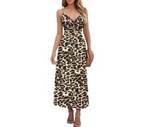 AUSELILY Summer Dress V Neck Maxi Dresses Spaghetti Strap Twist-Front Keyhole Cutout A-line Wrap Dress with Pockets Spotted Leopard L
