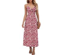 AUSELILY Summer Dress V Neck Maxi Dresses Spaghetti Strap Twist-Front Keyhole Cutout A-line Wrap Dress with Pockets Red Flowers S