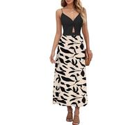 AUSELILY Summer Dress V Neck Maxi Dresses Spaghetti Strap Twist-Front Keyhole Cutout A-line Wrap Dress with Pockets Black Apricot Leaves L