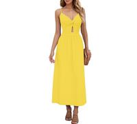 AUSELILY Summer Dresses for Women Maxi Spaghetti Straps Sleeveless V Neck Twist-Front Casual Beach Dress with Pockets Yellow M